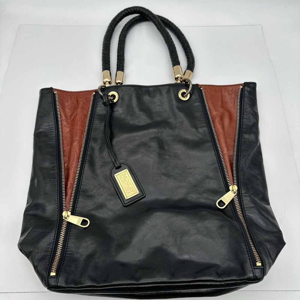 BADGLEY MISCHKA BLACK/COGNAC EXPANDABLE ZIPPER HANDBAG TOTE 16x14